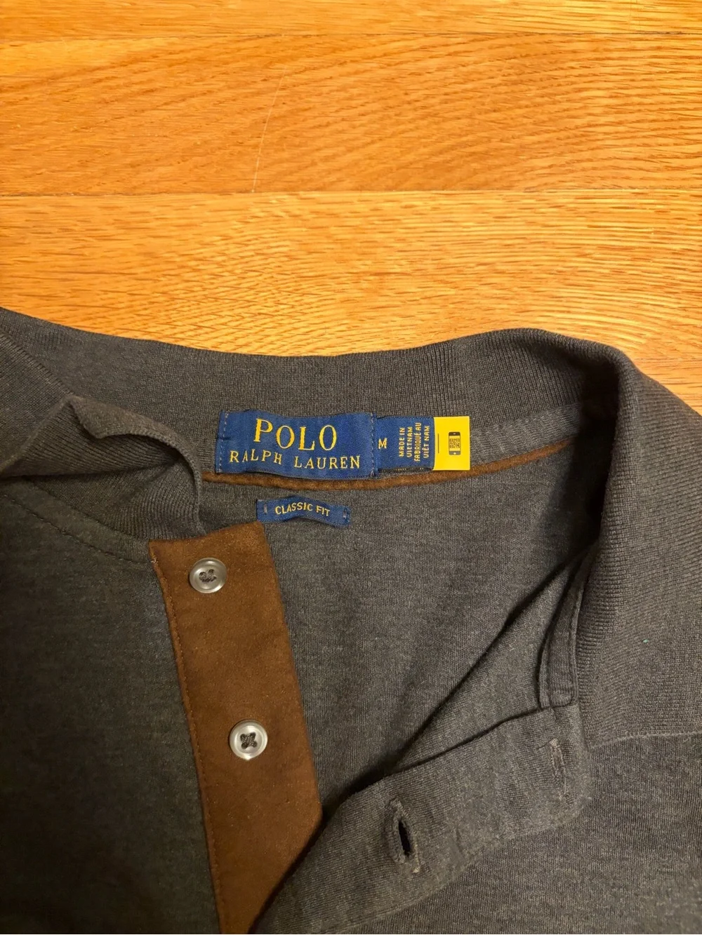 Ralph Lauren Charcoal Long-Sleeve Polo with Brown Placket